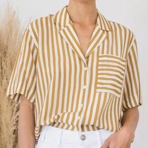 AYR The Pool Boy Striped Shirt Silk Blend Short Sleeves Blouse Carmel Small NWOT